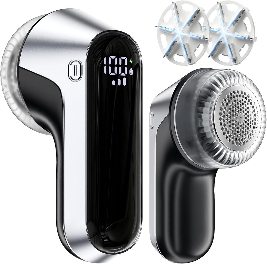 Fabric Shaver, Rechargeable Lint Shaver with Digital Display, Portable Sweater Defuzzer with 3 Speeds, 6 Leaf Blades and Safety Lock, Electric Lint Remover for Clothes, Sweater (Silver)
