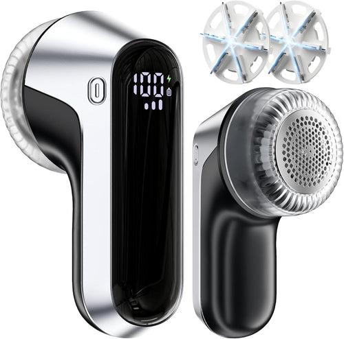 Fabric Shaver, Rechargeable Lint Shaver with Digital Display, Portable Sweater Defuzzer with 3 Speeds, 6 Leaf Blades and Safety Lock, Electric Lint Remover for Clothes, Sweater (Silver)
